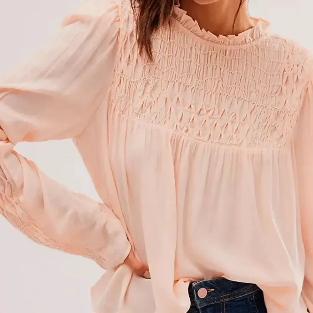 NWOT Free People Smocked In Time Top Ruffled High Neck Long Sleeves XS Feminine